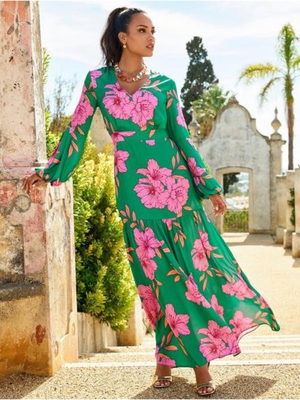 Drawn Floral Print V Neck Tiered Woven Maxi Dress- Green/Pink